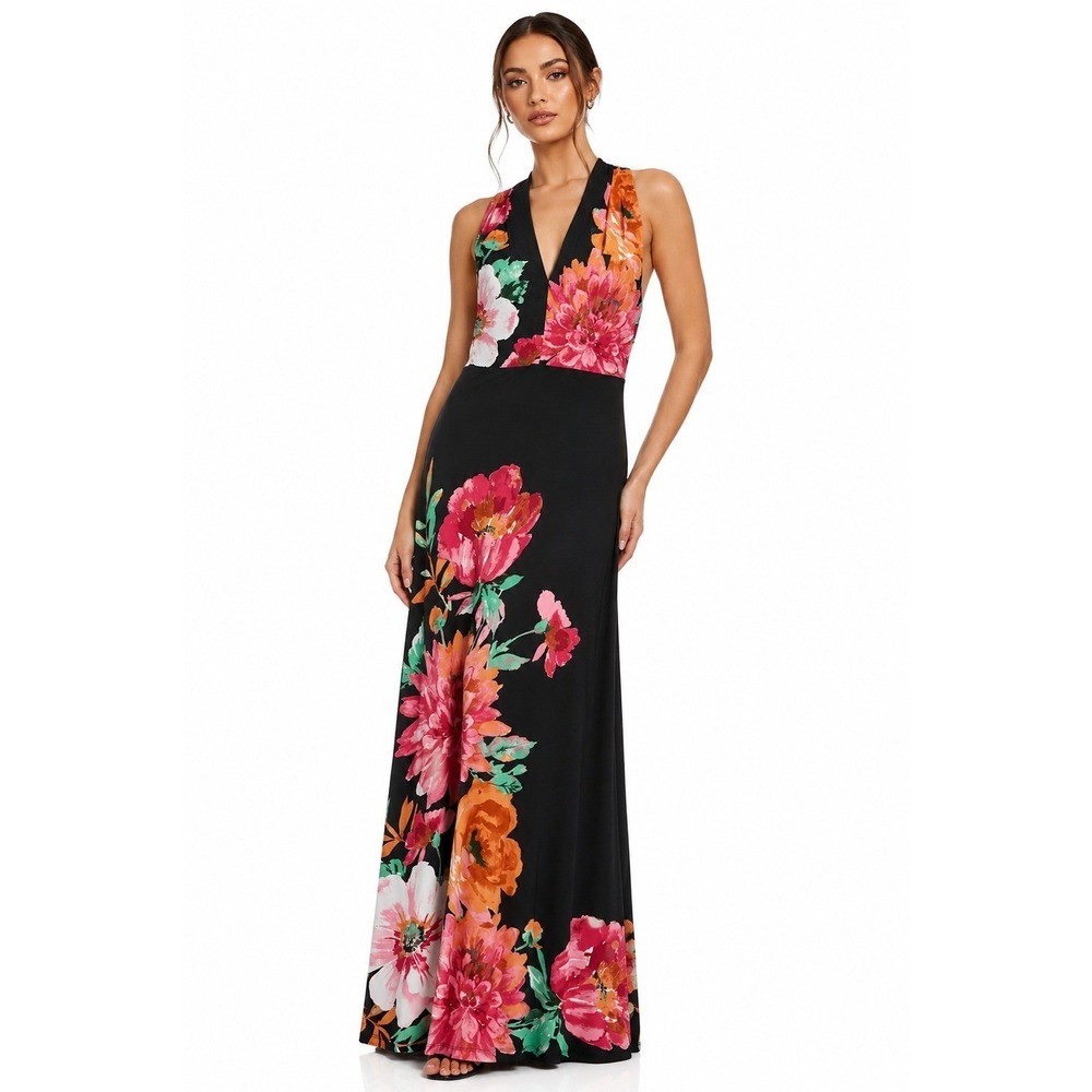 Maggy London Dana Halter Neck Maxi Dress Black Floral Pink Orange 8 NWT